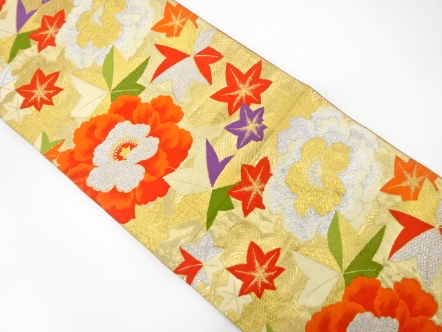 アンティーク　荒波に牡丹・楓模様織り出し袋帯（材料）